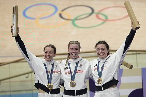 Paris Olympics Track Cycling women's team sprint: Gold medallists Britain's Katy Marchant, Emma Finucane and Sophie Capewell